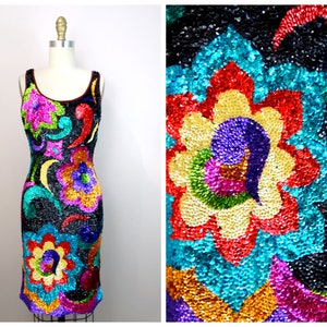 S/M Psychedelic Sequin Dress / Bright Neon Floral Sequin Mini Dress / Colorful Party Dress
