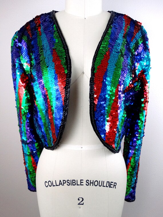 M/L Colorful Sequin Cropped Cardigan / Bright Gla… - image 3