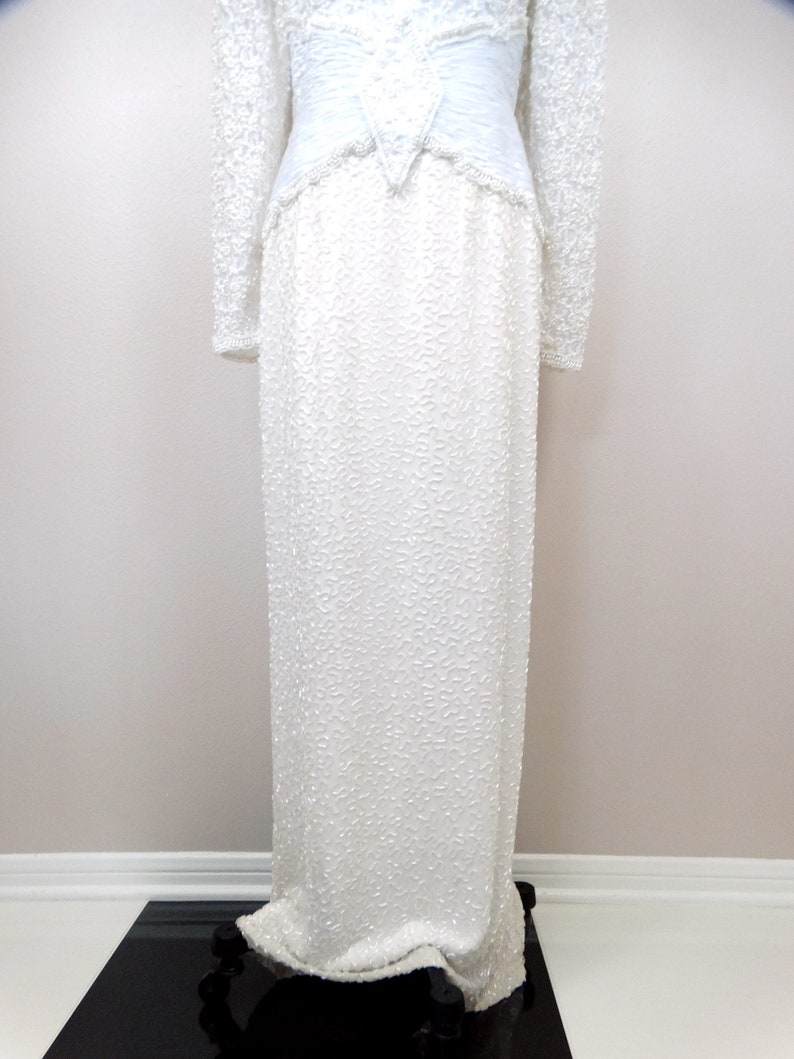 Vintage Pearl Beaded Wedding Dress / White Lace Embellished Bridal Gown image 6