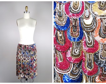 ESCADA Crystal Rhinestone Skirt // 90s Vintage Couture Sequin Embellished Designer Beaded Skirt Size 36