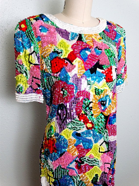 Abstract Floral Sequin Dress / Rare Bright Rainbo… - image 2