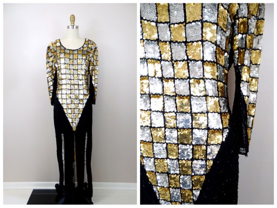 VTG Sequined Beaded Fringe Dress // Gold and Silve