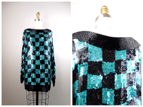 VTG Retro Checker Sequin Tunic or Mini Dress / Turquoise Teal Checkered Beaded Oversized Long Sleeved Top or Micro Mini