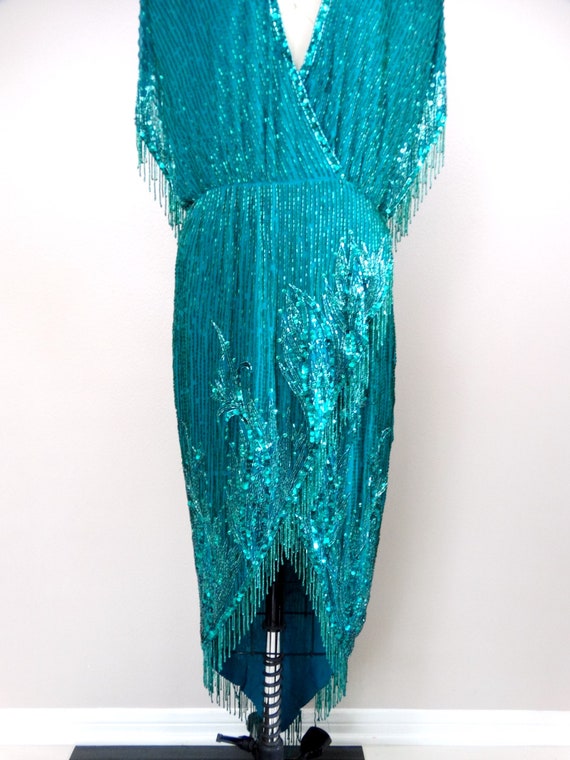 Bob Mackie Jewel Beaded Fringe Wrap Dress / Art D… - image 6