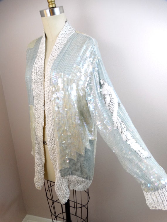 70s Iridescent Sequin Beaded Long Cardigan // Pas… - image 3