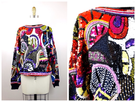 RARE Beaded Sequin Pullover Top // Colorful Sequi… - image 1