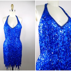 Royal Blue Fringe Beaded Dress / All over Fringed Beaded Halter Dress / Tassel Beaded Mini Dress