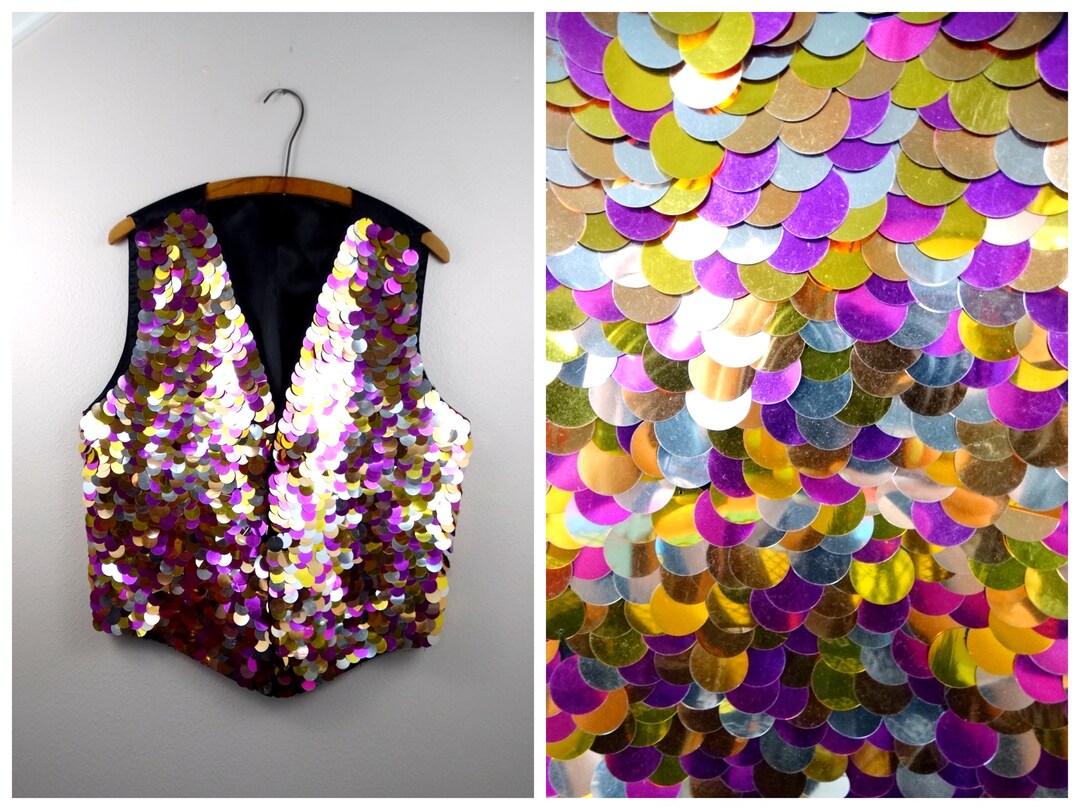 Mardi Gras Paillette Sequin Vest // Purple Gold and Silver Confetti