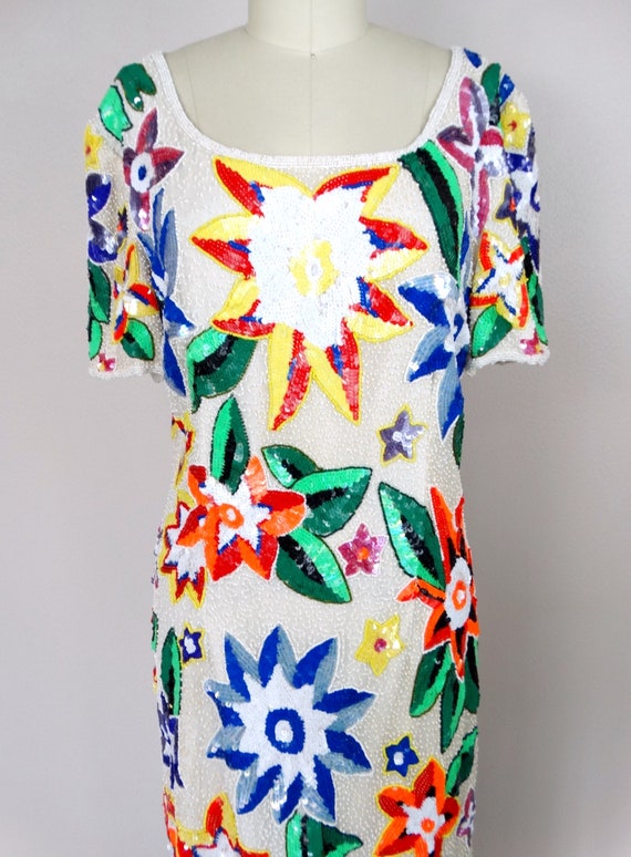 90s Neon Sequin Floral Dress // Bright Vintage Be… - image 2