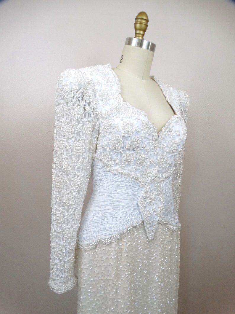 Vintage Pearl Beaded Wedding Dress / White Lace Embellished Bridal Gown image 4