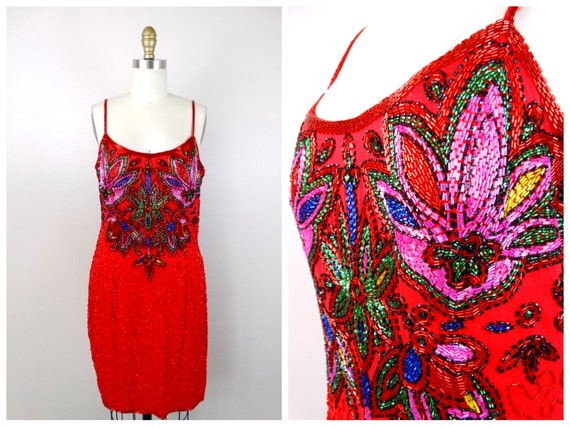 Red Silk Pink Beaded Dress // Bright Sequin Embel… - image 5