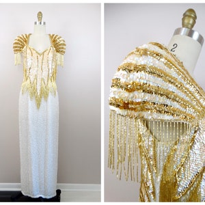 STUNNING Gold Fringe Beaded Gown // Avant Garde Vintage Couture White Beaded Dress // Dynasty Wedding Gown w/ Open Back