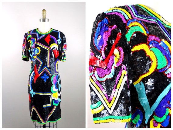 Abstract 80s Sequin Dress // Multi Color Art Deco
