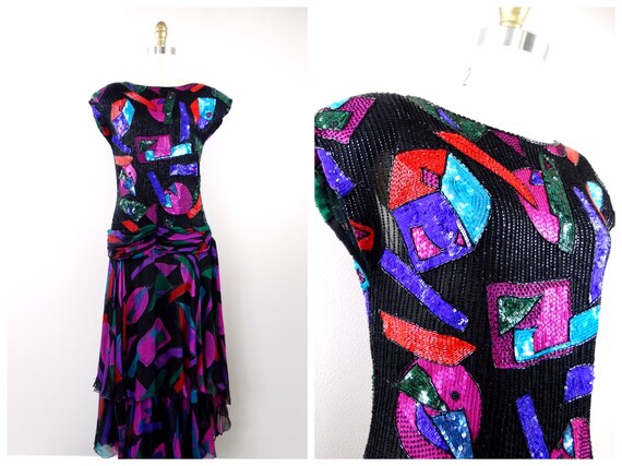 Vtg Silk Beaded Sequin Dress / Sheer Chiffon Embe… - image 8