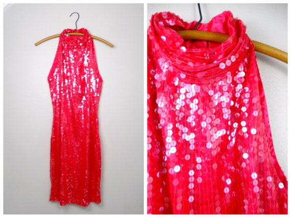 Strawberry Pink Sequined Dress // Neon Pink Sequin