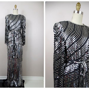 80s Fully Sequined Gown / Mirror Silver Sequin Silk Full Length Dress / Disco Embellished Gown