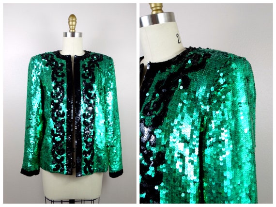 S/M Emerald Sequined Beaded Blazer / Bright Green… - image 4