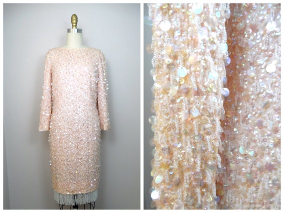 50s Fringe Paillette Sequined Dress / Blush Pink … - image 1