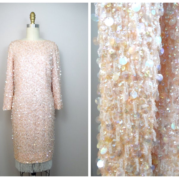 50s Fringe Paillette Sequined Dress / Blush Pink Beaded Dress / 1950's 60s Fringed Paillettes Embellished Dress