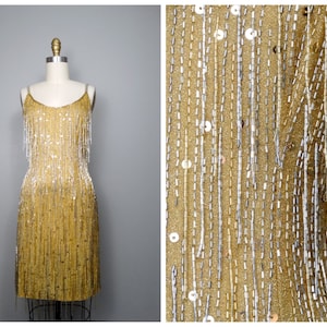 Gold Fringed Beaded Sequin Dress / Fringe Gatsby Flapper Dress / Gold Embellished Mini Dress