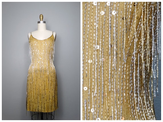 Gold Fringed Beaded Sequin Dress // Fringe Gatsby… - image 1