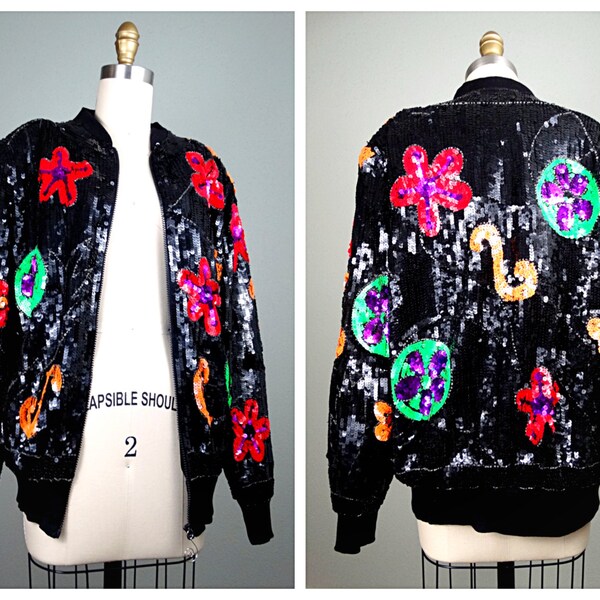 Reserved ** 90's Sequin Bomber Jacket // Retro Embellished Jacket // Abstract Flower Sequined Jacket Large L XL