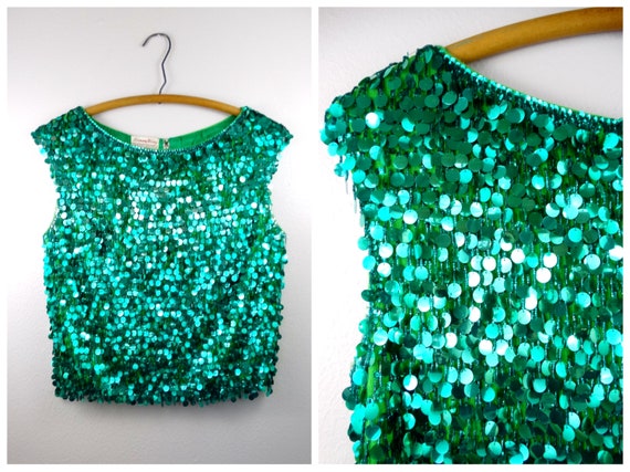 50s Paillette Sequin Beaded Fringe Top // Emerald Green Fringed Sequined  Beaded Top 