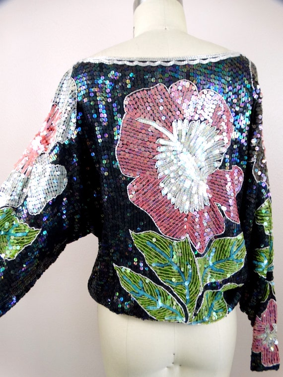 M/L Exotic Flower Sequined Top / Vintage Sequin T… - image 2