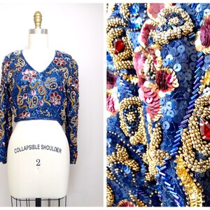 Ornate Jewel Beaded Crop Top // Heavily Embellished Top w/ Red Rhinestone Crystal Beading Size Small S / XS