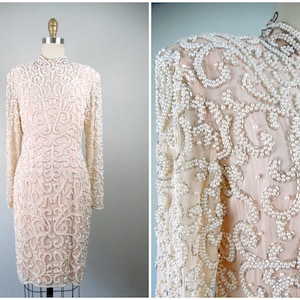 Vintage Pearl Beaded Dress // Heavy Embellished Blush Pink Dress // Embellished Dress w/ Pearls