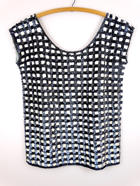 50s 60s Sequin Wool Top / Retro Black & Ivory Che… - image 2