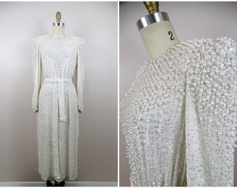 Vintage Pearl Beaded Dress / Heavy Embellished Gown / Heavily Beaded Wedding Dress w/ Belt