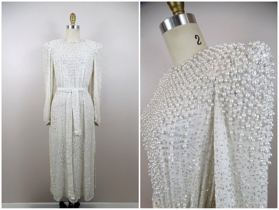 Vintage Pearl Beaded Dress / Heavy Embellished Go… - image 1