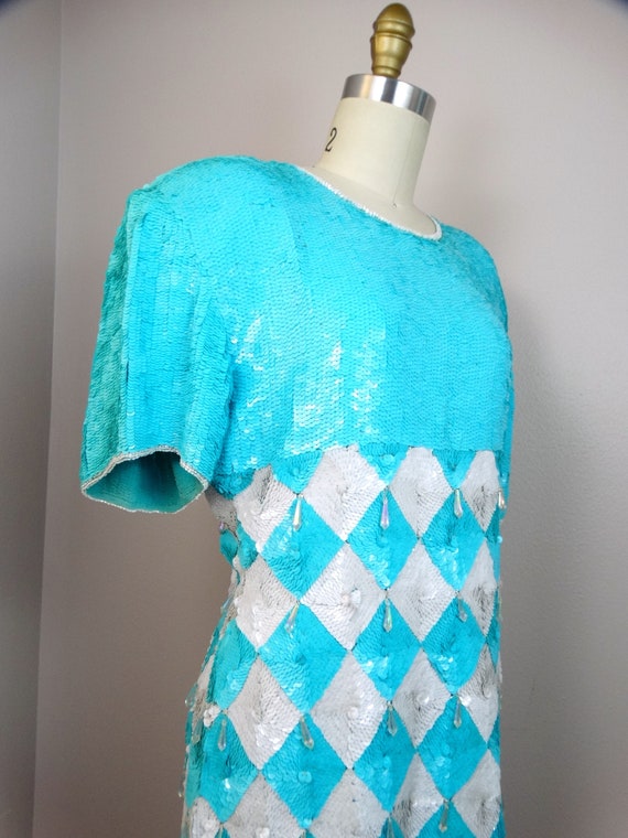 RARE Arctic Sequin Dress • Aqua Neon Blue and Whi… - image 6