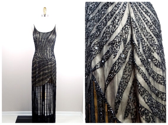 Designer Sequined Beaded Nude Illusion Dress / Black Sequined - Etsy