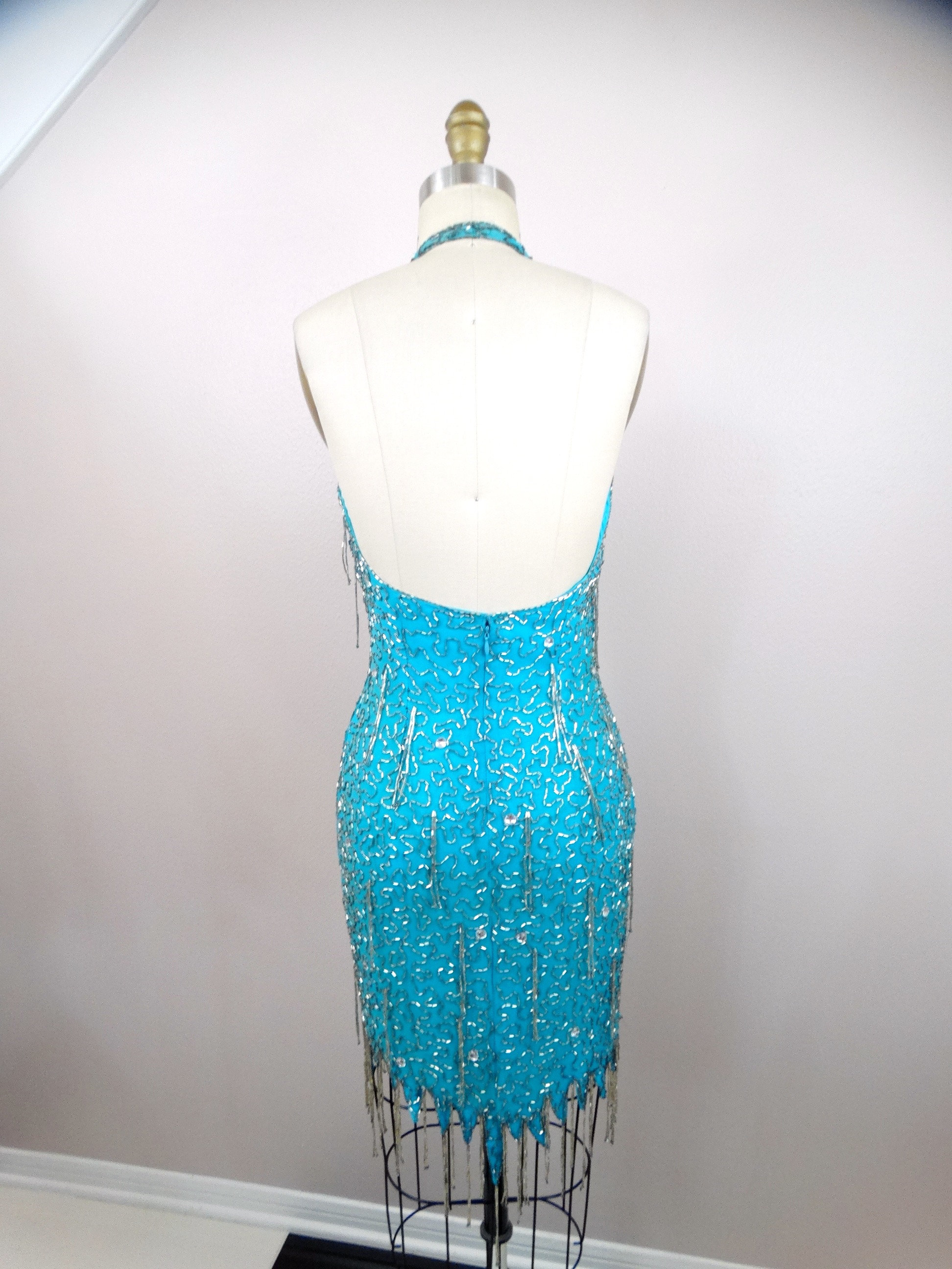 aqua fringe hem halter dress XS/S Bright Blue Beaded Fringe Mini Dress / Aqua Sequined Tassel Backless Halter  Dress