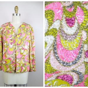 60s Psychedelic Beaded  Cardigan / Bright Retro Vintage MCM Shrug / Pink and Green Sequin Open Top