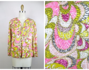 60s Psychedelic Beaded  Cardigan / Bright Retro Vintage MCM Shrug / Pink and Green Sequin Open Top