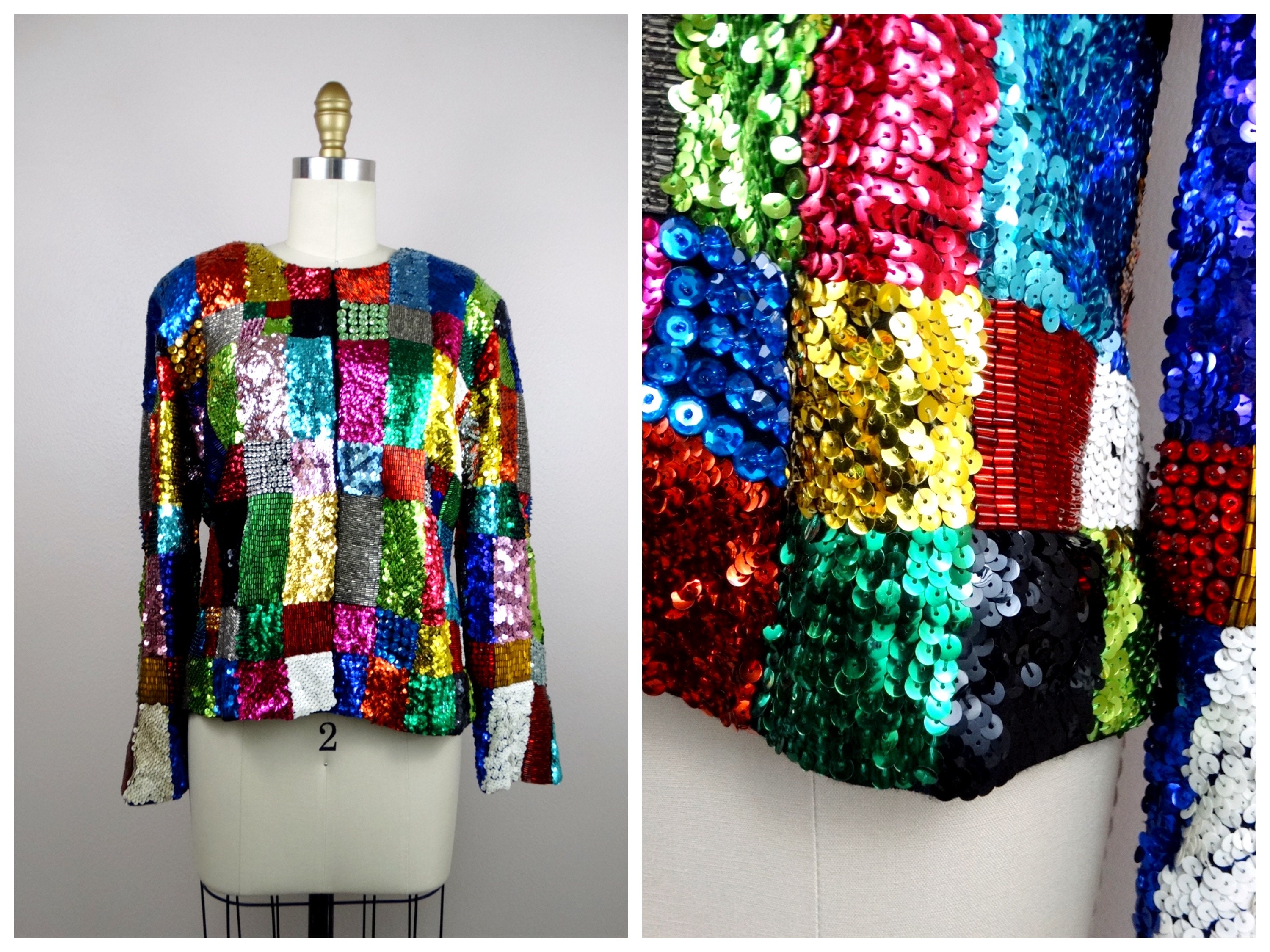 Encrusted - Etsy Sequin HEAVY Top Beaded Rainbow // Down Jewel Button Jacket Crystal Cardigan
