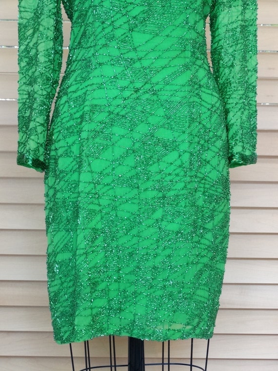 S/M Bright Beaded Mini Dress // Kelly Green Fully… - image 3