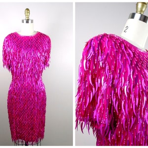 Cattail Sequined Fringe Beaded Dress // Hot Pink Silk Sequin Fringe Dress // Magenta Sequin Embellished Wiggle Dress