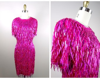 Cattail Sequined Fringe Beaded Dress // Hot Pink Silk Sequin Fringe Dress // Magenta Sequin Embellished Wiggle Dress