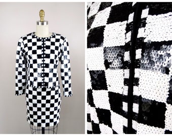 RETRO Checker Sequined Mini Skirt + Blazer Jacket / Black and White Checkered Sequined Dress Skirt 2 Piece Set Size Small