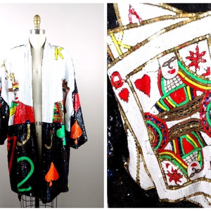 Cappotto con paillettes LUCKY / Giacca oversize con giocatore di carte da casinò Kings & Queens / Lungo shrug con paillettes con carte Joker e Asso di picche