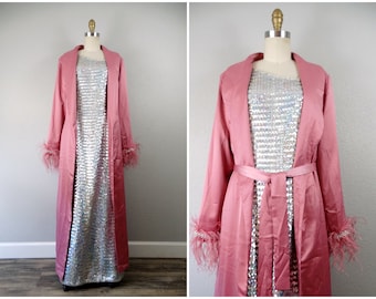 60s 70s Sequin Gown and Pink Robe / Retro Vintage Holographic Silver Sequin Dress / 1970's Old Hollywood Glamour Gown and Duster w/ Feathers