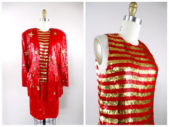 LILLIE RUBIN Sequined Beaded Jacket Top & Skirt /… - image 1