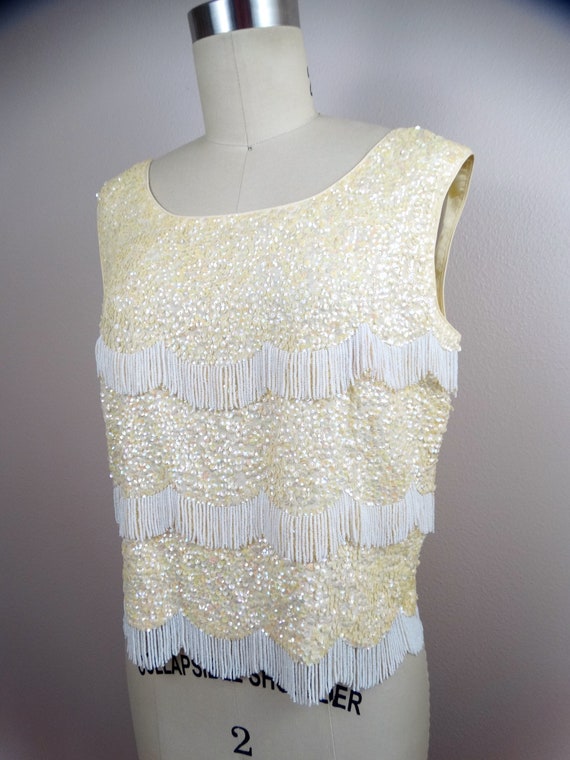 VTG Ivory Sequin White Fringe Beaded Top // 1950s… - image 2