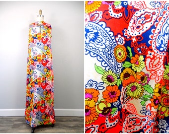 60s 70s Psychedelic Floral Vintage Maxi Gown // Retro Fluorescent Neon Rainbow Maxi Dress // Mid Century Bright Spring Summer Wedding