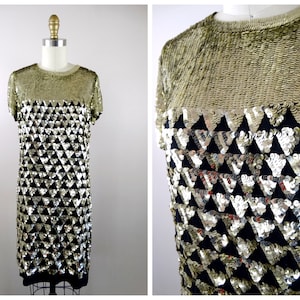 Antique Gold Sequin Mini Dress // Brush Metallic Sequined Dress US Size 4