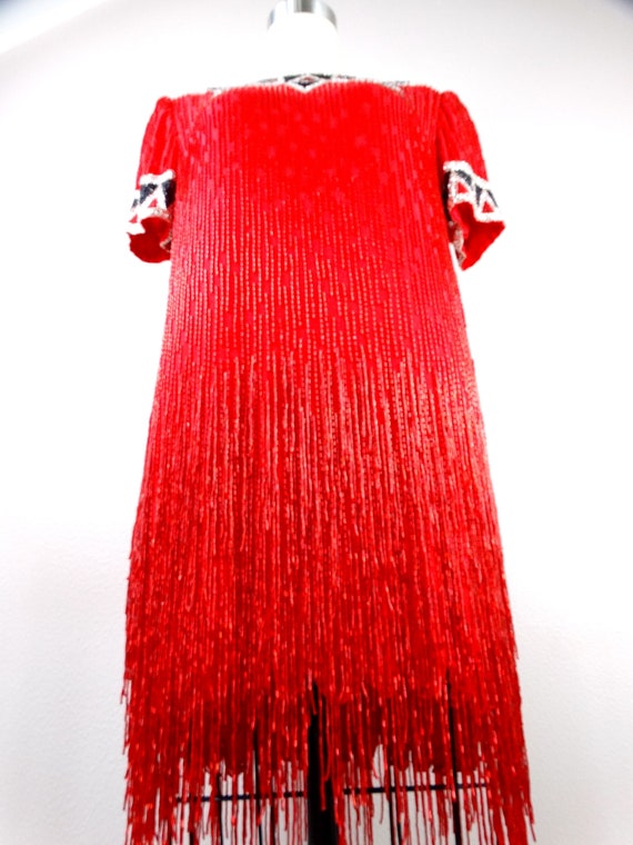 Bob Mackie Beaded Dress // Vintage Red Silk Fring… - image 5